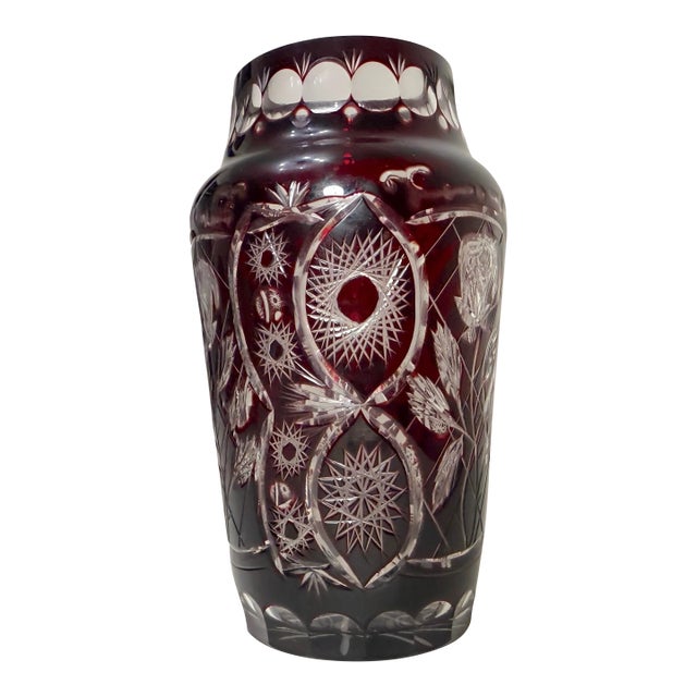 Vintage Handmade Red Cranberry Czech Cut to Clear Crystal Glass Ornate Vase For Sale