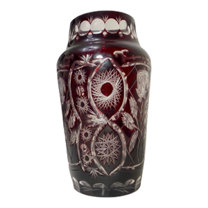 Vintage Handmade Red Cranberry Czech Cut to Clear Crystal Glass Ornate Vase