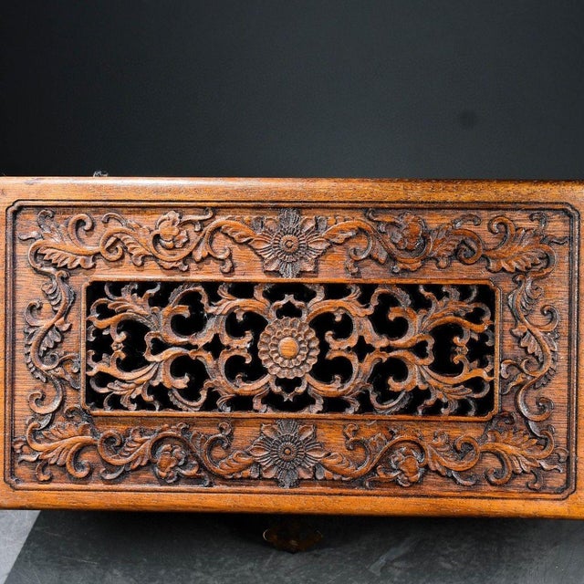 Brown Openwork Carved Hardwood Chest, Chinoiserie Floral Scroll Jewelry & Scent Box For Sale - Image 8 of 8