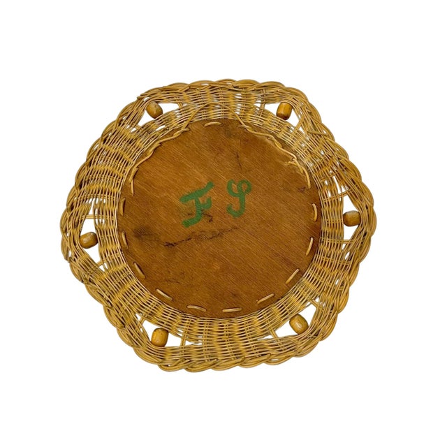French Mid-Century Sunburst Rattan & Wood Bead Round Wall Mirror For Sale - Image 11 of 13