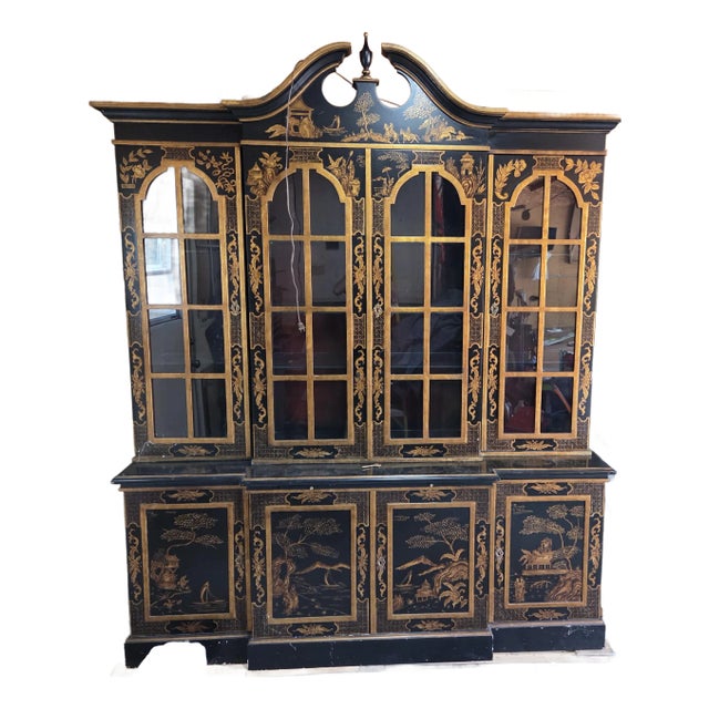 1990s Trouvailles Furniture Chinoiserie Breakfront With Matching Grandfather Clock For Sale