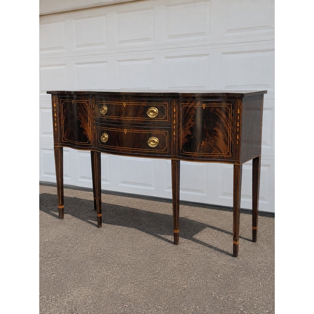 1980s Vintage Stickley Federal Style Solid Wood Inlaid Flame Mahogany Sideboard With Gorgeous Hardware For Sale - Image 5 of 7