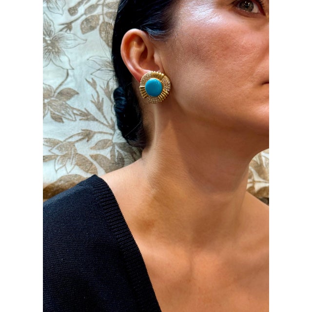 16 Ct Oval Sleeping Beauty Turquoise 3 ct Diamond Stud Earrings 14 K Yellow Gold For Sale - Image 13 of 18