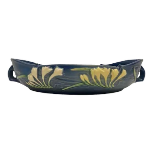 Early 20th Century Roseville Art Pottery Freesia Blue Long Console Bowl with Handles #469-14
