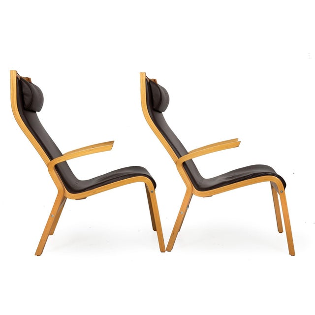 Scandinavian Modern Bentwood Leather Arm Chairs With Ottomans a Pair Chairish