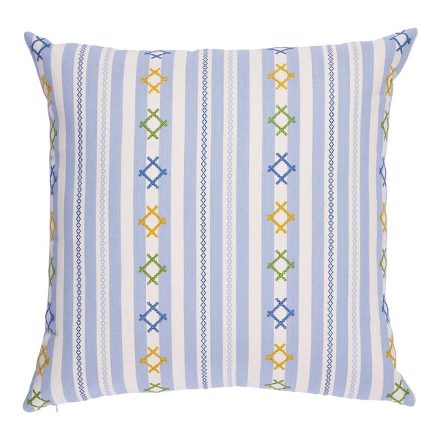 Schumacher Rhodes Stripe 24" Pillow in Sky For Sale