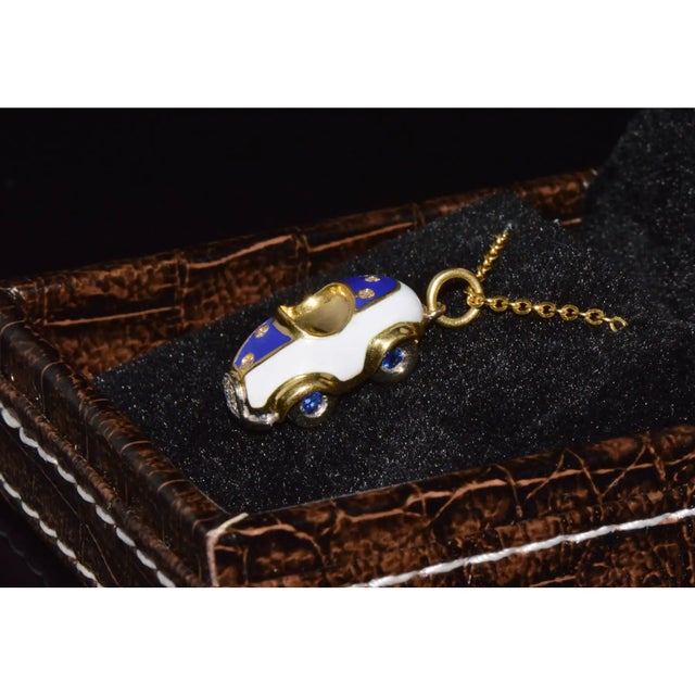 Designer Aaron Basha Natural Diamond Sapphire & Enamel Solid 18k Gold Luxury Car Charm Pendant For Sale - Image 10 of 11