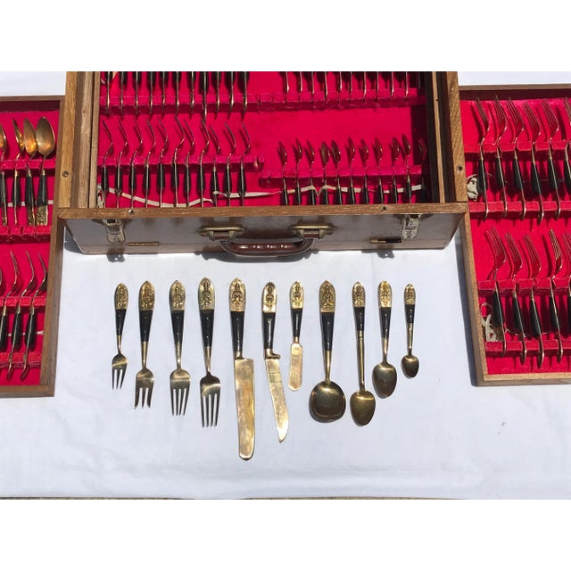 1950s Rosewood and Brass Siam Flatware Boxed Set - Service for 12, 144-Pieces For Sale - Image 10 of 12