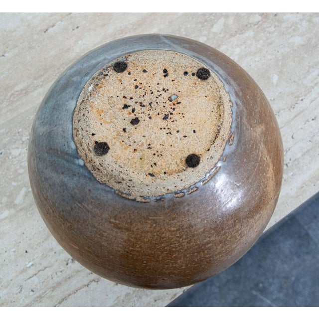 Mid Century Modern Round Vase Blue Tan Glaze Studio Ceramic Weed Vintage Flower For Sale In Sacramento - Image 6 of 12