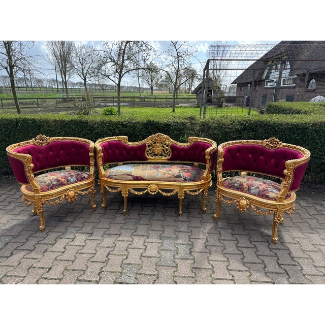 1970 French Louis XVI Gold Beech Velvet Sofa Set 3pc For Sale - Image 13 of 18