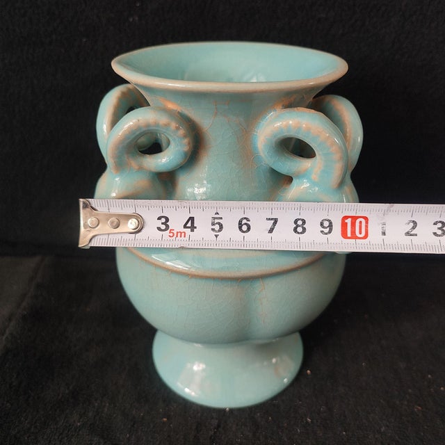 White Chinese Ceramic Vase,Ru Ware Celadon Glaze Porcelain Vase Hand Carved Four Goat Head Statue For Sale - Image 8 of 9