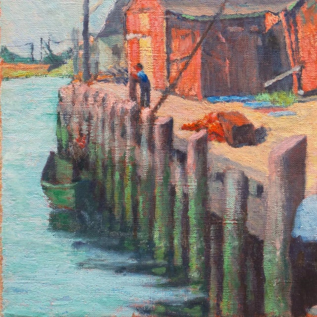 Industrial 'The Old Wharf', American School Marine Figural, Circa 1925, Nautical Oil, Industrial Harbor For Sale - Image 3 of 9