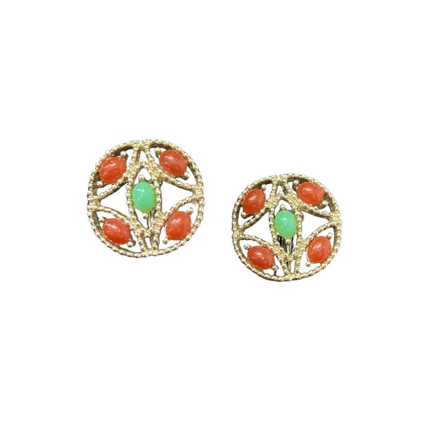 Vintage Sarah Coventry “Acapulco” Clip-On Earrings (1969) – Faux Jade & Carnelian Cabochons, Gold-Tone Signed Costume...