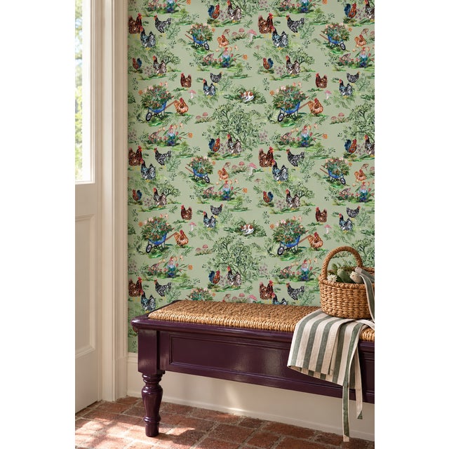 Farmhouse Cluckingham Farm Toile Grasscloth Wallpaper by House Party | Green Grass | 8 Yards For Sale - Image 3 of 14