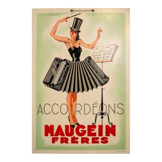 1930's a.r. Lataste French Advertisement Carton, "Accordéons Maugein Frères (Maugein Brothers Accordions)" For Sale