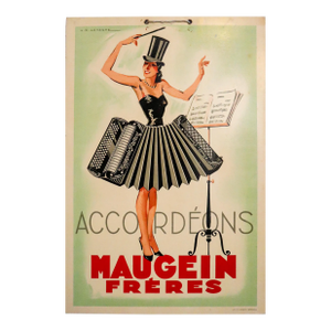 1930's a.r. Lataste French Advertisement Carton, "Accordéons Maugein Frères (Maugein Brothers Accordions)"