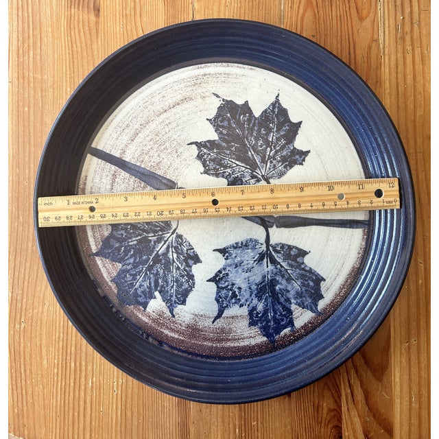 Handcrafted Blue White Pottery Leaf Print Ceramic Platter Serving Dish, Artist Signed 1970s For Sale - Image 4 of 4