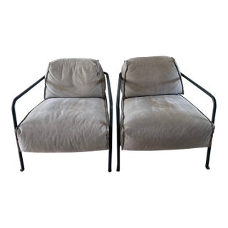 Pair of Baxter "Bruxelles" Armchairs by Paola Navone in Grey Suede & Anthracite Leather For Sale