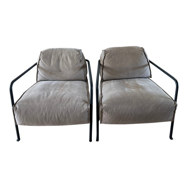 Pair of Baxter "Bruxelles" Armchairs by Paola Navone in Grey Suede & Anthracite Leather For Sale