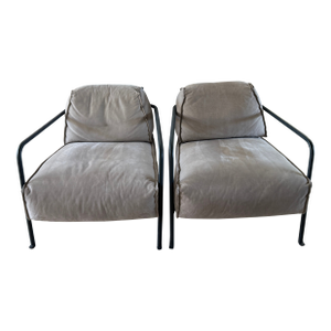 Pair of Baxter "Bruxelles" Armchairs by Paola Navone in Grey Suede & Anthracite Leather