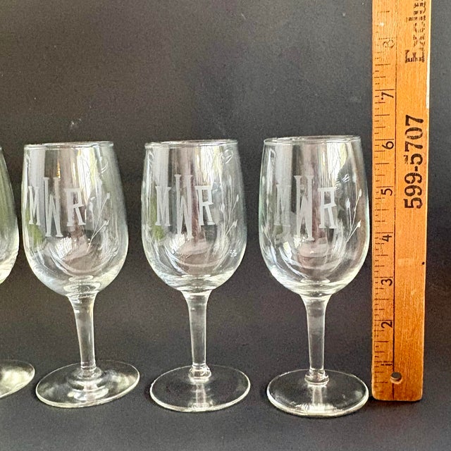 1950s Vintage Etched MWR Monogram Stemmed Glasses - Set of 4 For Sale - Image 5 of 5