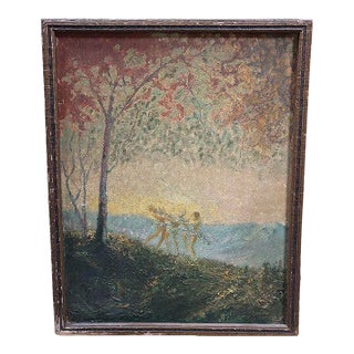 1920s Original Fall Celebration Impression Painting Oil on Board, Framed For Sale