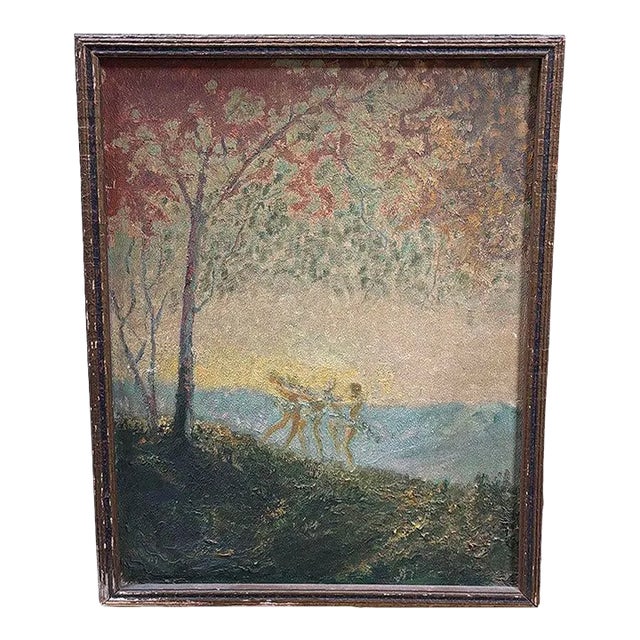 1920s Original Fall Celebration Impression Painting Oil on Board, Framed For Sale