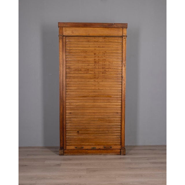 Industrial Vintag Industrial Style Wooden Rolling Shutter Filing Cabinet, 1940s For Sale - Image 3 of 18