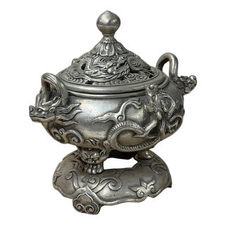 Chinese Silver Color Round Dragon Theme Incense Burner Display Art For Sale