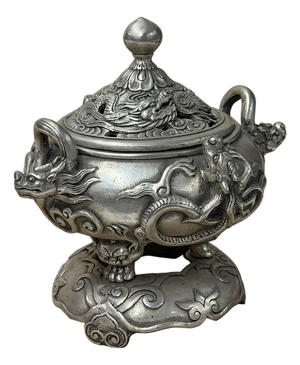 Chinese Silver Color Round Dragon Theme Incense Burner Display Art