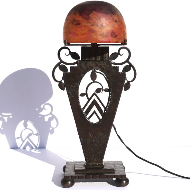 Brown 1915 Daum Nancy and Edgar Brandt Art Deco Table Lamp For Sale - Image 8 of 13