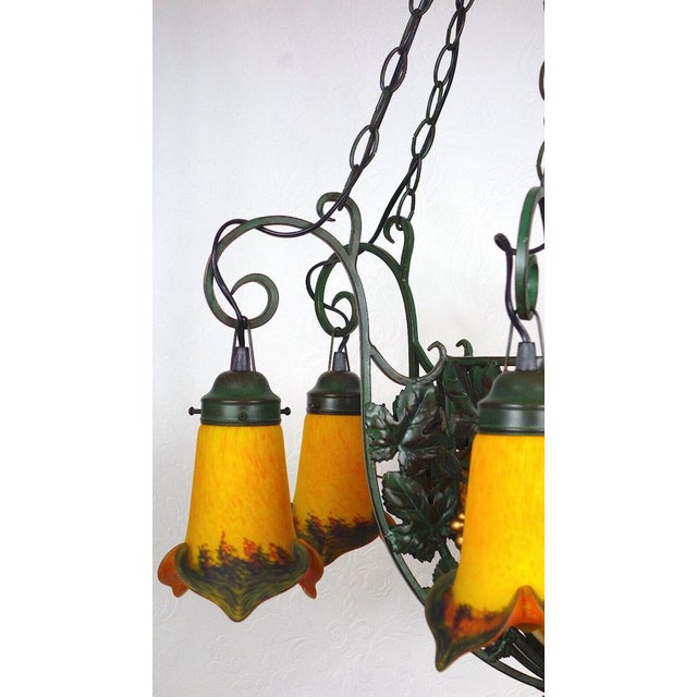 Blue Art Deco Wrought Iron Pate de Verre Glass Chandelier, France, 1990s For Sale - Image 8 of 18