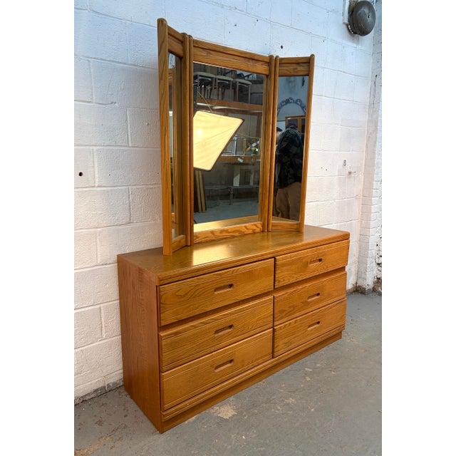 Modern Vintage Modern Solid Oak Six-Drawer Dresser W/ Tri-Fold Mirror For Sale - Image 3 of 17