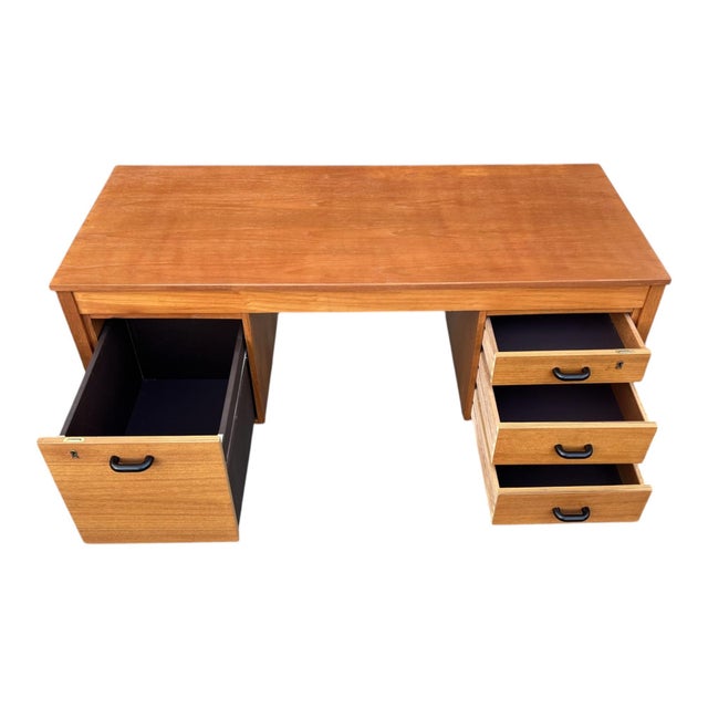 1960s Mid-Century Modern Walnut Desk With File Drawer & Three Drawer Storage, Restored For Sale - Image 5 of 16