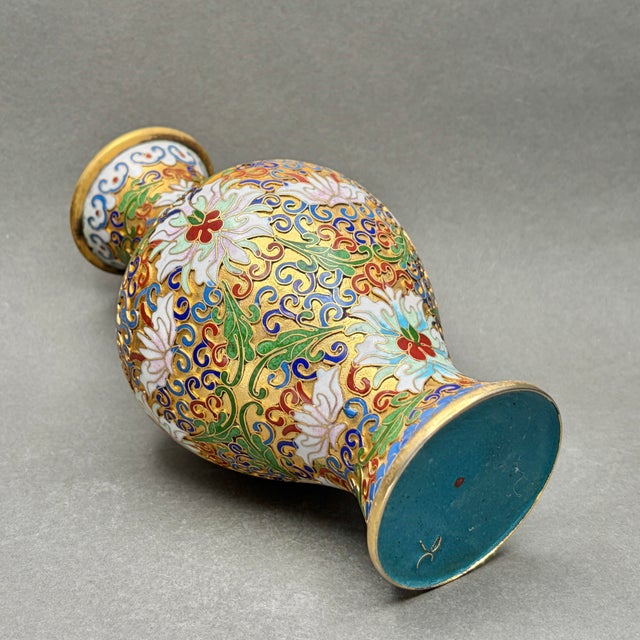 Gold Vintage Chinese Cloisonné Enamel Floral Lotus Vase For Sale - Image 8 of 9