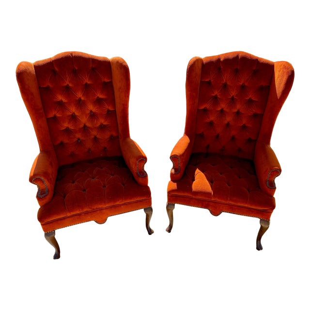 MidCentury Modern Queen Anne Style Wing Chairs A Pair Chairish