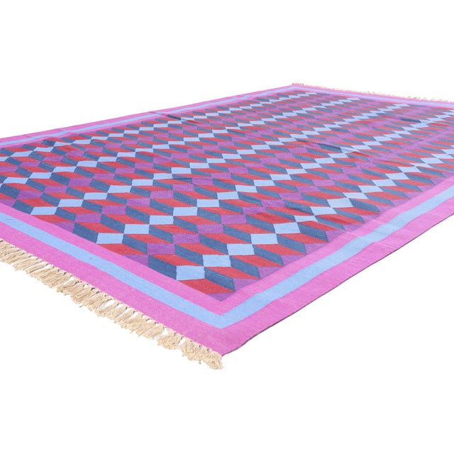 79607 Vintage Indian Dhurrie Rug, 06'00 x 09'00. The Prism Illusion: A Vintage Dhurrie Masterpiece of Modern Opulent...