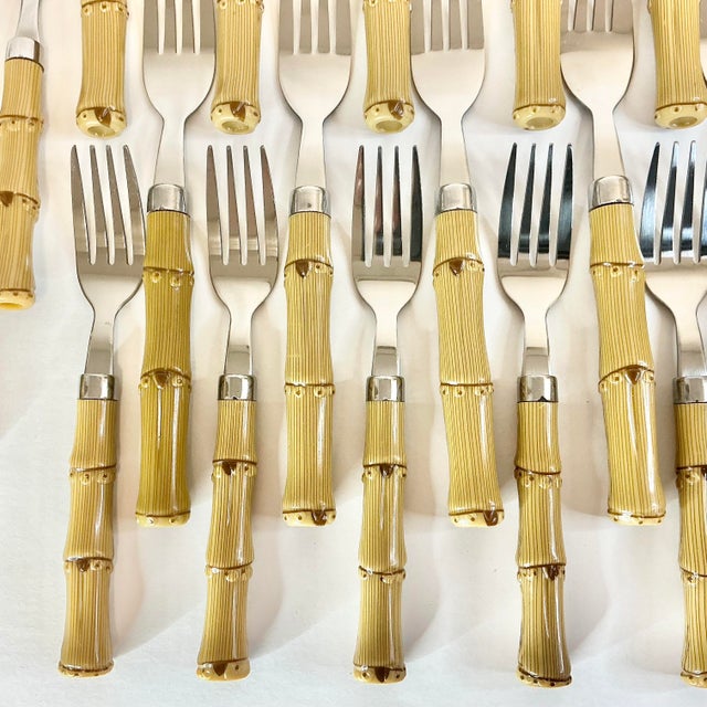 Vintage Coastal Boho Chic Chinoiserie Faux Bamboo & 18/8 Stainless Flatware Set- 49 Pieces. For Sale - Image 12 of 12