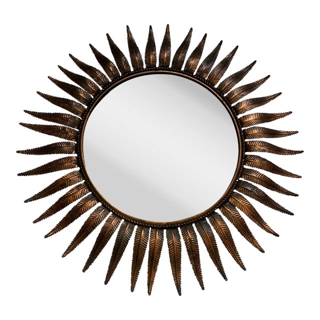 Large Spanish Round Mid Century Modern Copper Plated Sunburst Mirror For Sale
