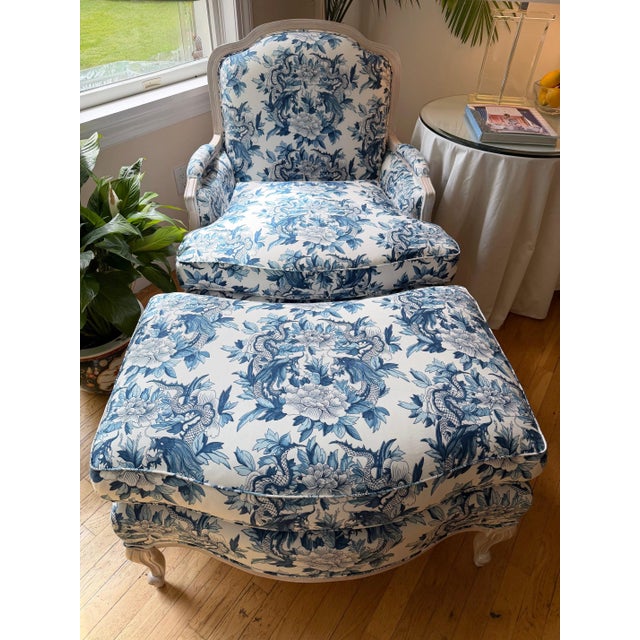 Custom Blue and White Marquis Bergere Chair and Ottoman Set Upholstered in Ralph Lauren For Sale - Image 15 of 18