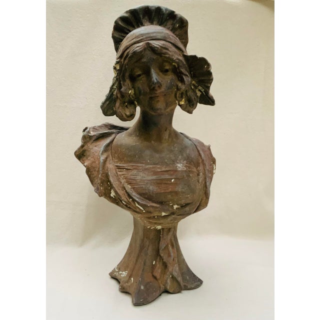 Antique French Art Nouveau Cast Iron Bust of a Bonneted Coquette, Signed Jacobs For Sale - Image 9 of 9
