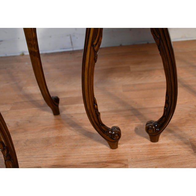 1920s Antique French Louis XV Walnut & Satinwood Inlay Coffee and End Tables Set For Sale - Image 4 of 17