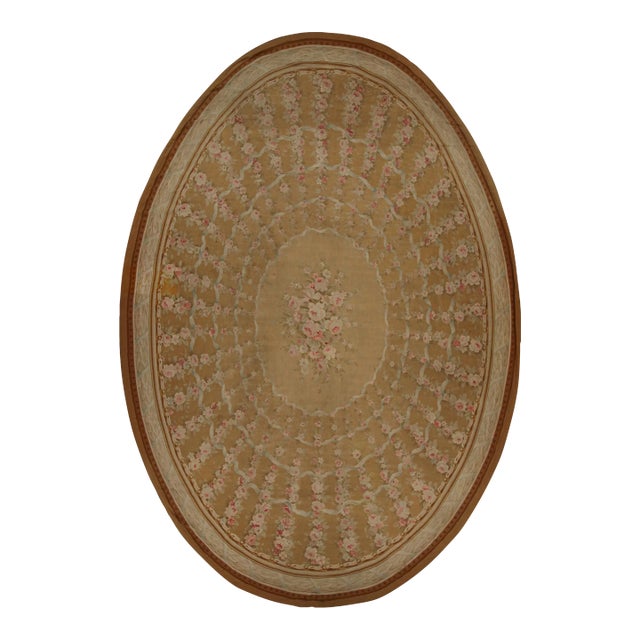 Late 18th Century Antique Floral Aubusson Flatweave Oversized Oval Rug in Brown For Sale