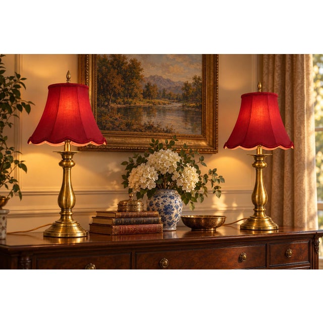 A matched pair of vintage Stiffel brass table lamps with a graceful candlestick silhouette, turned bodies, and broad...