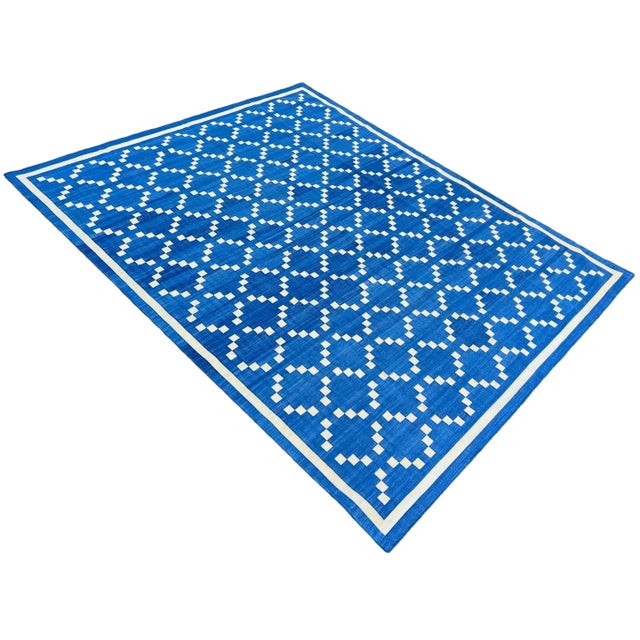 Mid-Century Modern Handmade Cotton Rug, Contemporary Denim Blue and Cream Diamond Pattern Dhurrie - 12'x15' For Sale - Image 3 of 12