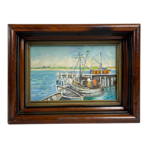 Vintage Petite Painting Framed Seaside With Boats