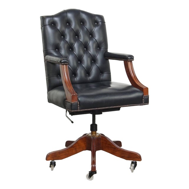 Dark Blue Cowhide Chesterfield Swivel Desk Chair For Sale