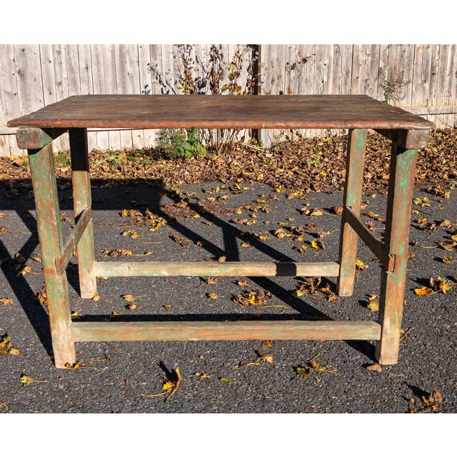 18th or 19th Century Rustic Primitive Farmhouse Table in Old Green Paint For Sale - Image 11 of 18