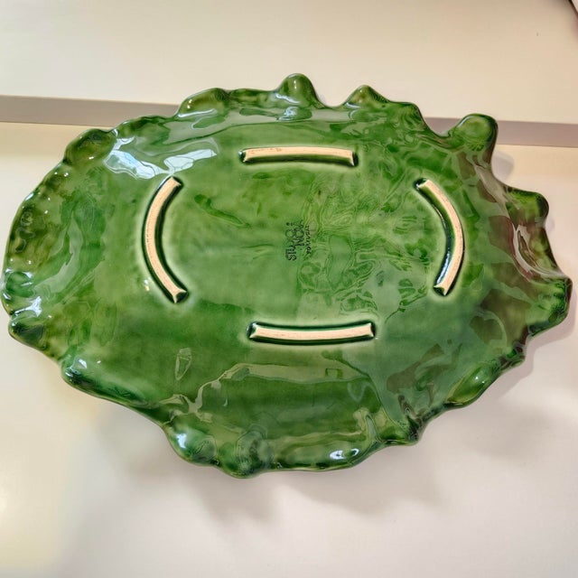 Late 20th Century 17" Portugese Cabbageware Leaf Tray Trompe l'Oeil Majolica For Sale - Image 9 of 9