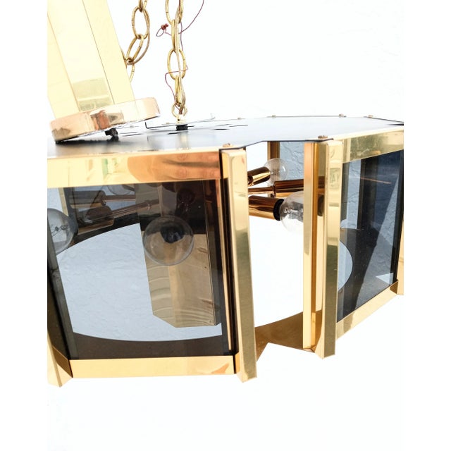 Metal Vintage Mid Century Modern Gold Brass Black Glass Octagon Chandelier Pendant Fixture For Sale - Image 7 of 11